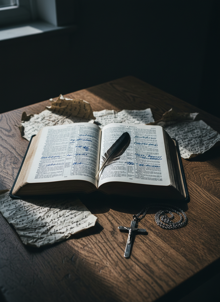 A worn leather-bound Bible lies open on a rough, dark wooden table, its thin pages slightly curled and underlined in deep blue ink, with a single black feather resting between the chapters of Psalms. Around it, scattered handwritten journal pages show raw, shaky script and tear-stained edges. A single metal cross necklace, tarnished and scratched, coils beside the book. Cold, diffused window light falls from the left, leaving half the scene in shadow and half in soft illumination, emphasizing texture and imperfection. Photographic realism at eye-level, with a shallow depth of field that blurs the distant background into darkness, creating a somber yet hopeful atmosphere of wrestling faith and mental anguish.