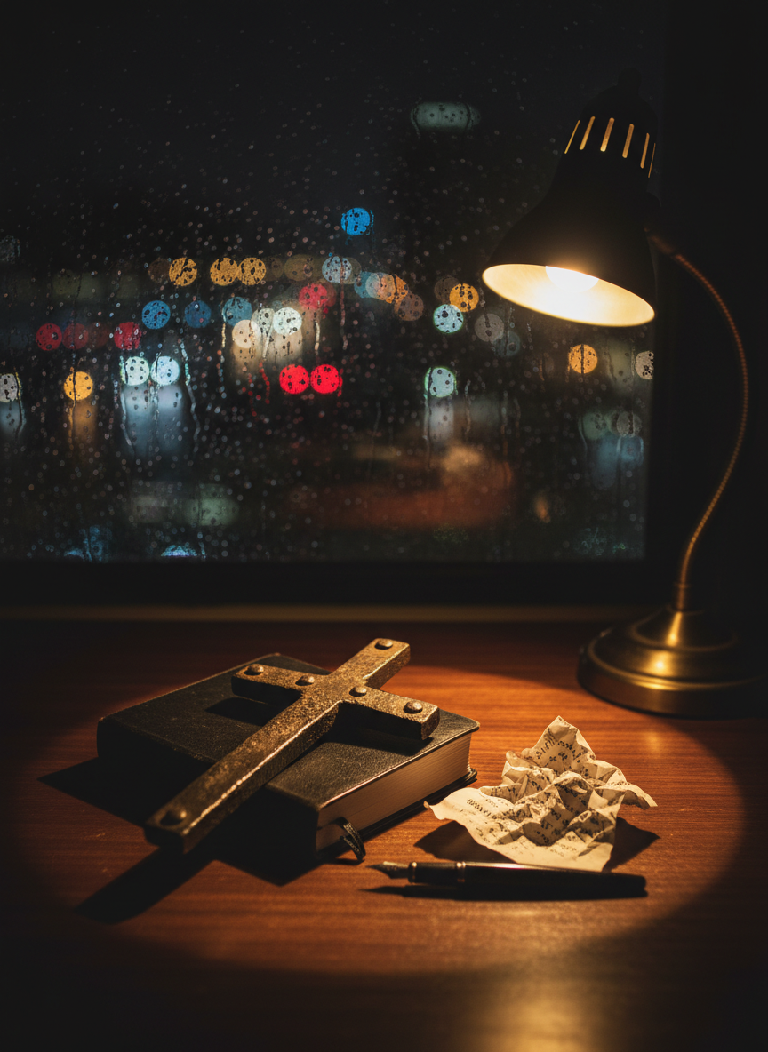 A rain-streaked window at night, city lights outside turned into soft, colorful bokeh, while inside a single black leather journal lies closed on a dark mahogany desk. A heavy metal cross, rugged and industrial, rests on top of the journal, its surface catching the faint glow of a nearby desk lamp. Beside it, a pen with smudged black ink sits abandoned on a crumpled page bearing the faint imprint of desperate words. The warm, low lamp light carves out a small island of golden clarity against the surrounding shadows. Photographic realism from an eye-level perspective, with the cross and journal in sharp focus and the background falling away into blur, creating a mood of isolation, contemplation, and fragile hope in the storm.