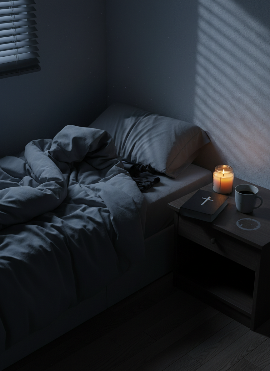 A small, dimly lit bedroom corner featuring an unmade charcoal gray bed, the blanket twisted like a stormy sea, and a bedside table holding a closed, matte-black Bible with a silver cross embossed on the cover. Next to it sits a flickering, half-burned candle dripping wax down a glass jar, and an untouched cup of cold coffee leaving a faint ring. The only light source is the candle and a sliver of cool moonlight leaking through partially closed blinds, casting striped shadows across the wall. Shot from a slightly elevated angle in photographic realism, the composition uses strong contrasts between warm candle glow and cold blue tones to capture loneliness, exhaustion, and the quiet reach toward Christ in the middle of insomnia and anxiety.